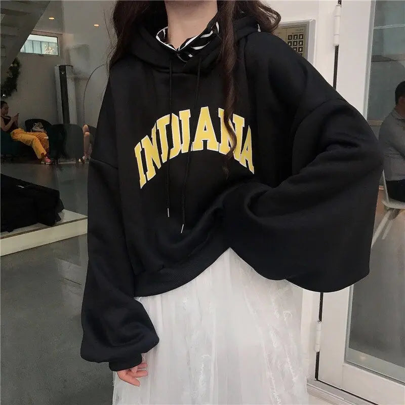 Autumn Thick Women Hoodies Fashion Loose Fake Two Piece Letter Printing Tops Harajuku Warm Preppy All Match Crop Sweatshirts - reetell