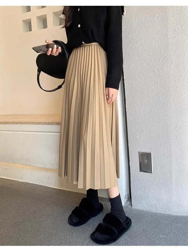 2023 Women Elegant Pleated Skirt High Waist Women Mid-long Skirt Female Ladies High Quality Women Midi Skirt Black Saia - reetell