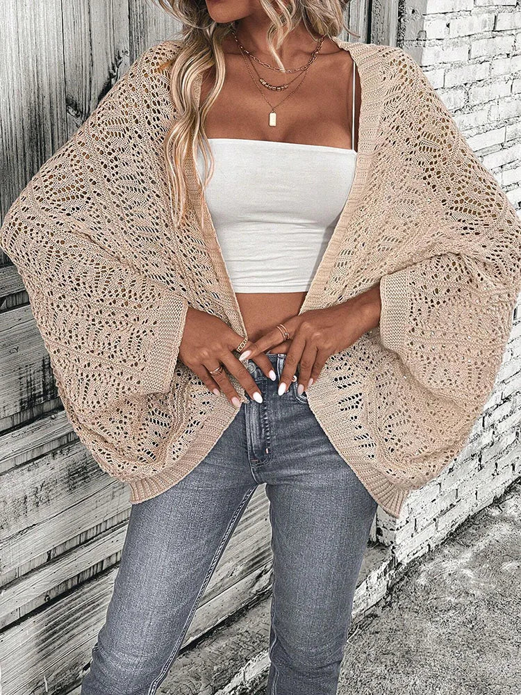 Polyester 100.00% solid color camisole knit cardigan elegant front open bat wing sleeve loose cardigan for women - reetell