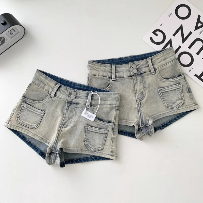 Korean Style Hottie Low Rise Denim Shorts Summer Women's Feel Club Made Old Pocket Cotton Spring Straight Round Hip Denim Shorts - reetell