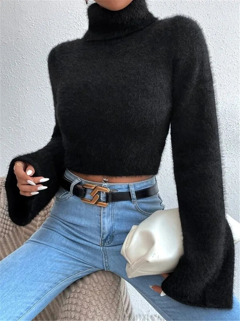 Autumn and winter Europe and the United States cross-border new Amazon turtleneck short belly button fleece sweater - reetell