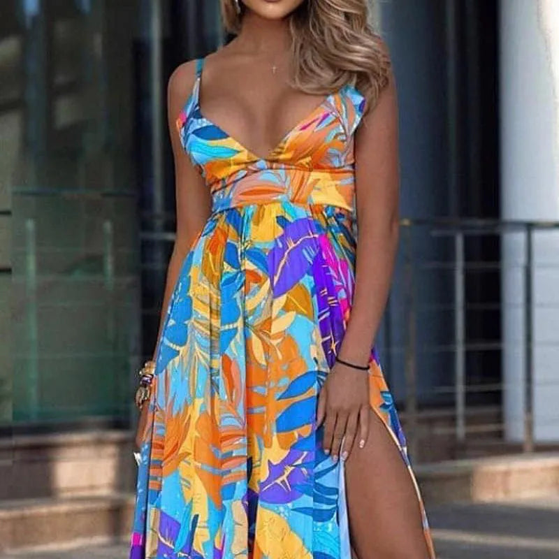 Color Print Spaghetti Strap Long Dresses Women Sexy Deep V-neck Backless Slit Dress Fashion Bohemian Beach Vacation Maxi Vestido - reetell