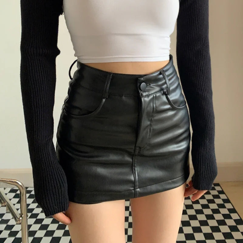 HI-FASHION Women Black High Waisted A-line Mini Skirts Chic Woman Shorts Y2K Streetwear Sexy PU Leather Shorts Skirt - reetell