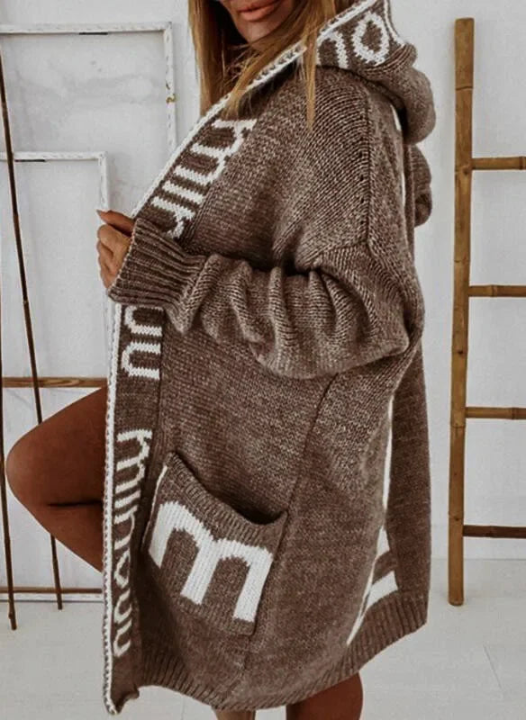 Women's Long Hooded Cardigan, Knitted Coat, Letter Pattern Knitwear, Vintage Long Knitwear, Loose, Monochromatic, Casual Sweater - reetell