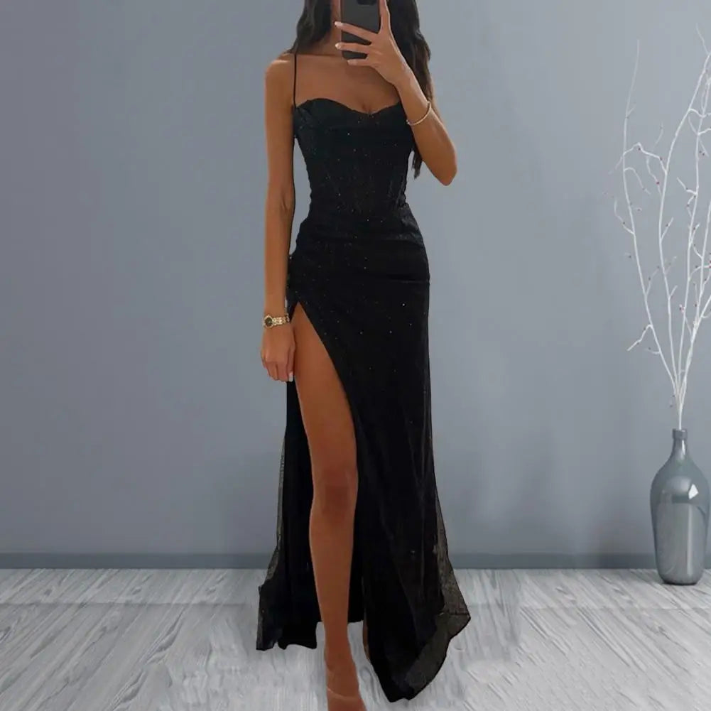 Woman Spring Summer Bodycon Dress Sexy Shiny Sequins Spaghetti Strap Split High Waist Dress Lady Prom Dress Evening Dresses - reetell