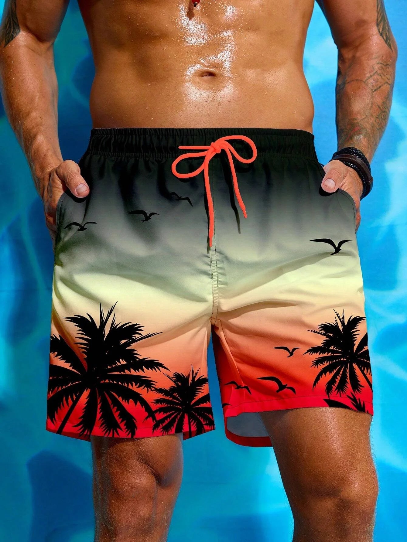 Summer Vacation Men's Palm Tree Print Drawstring Waist Board Shorts Fashion Swim Trunks 3D Print Breathable Short Streetwear - reetell