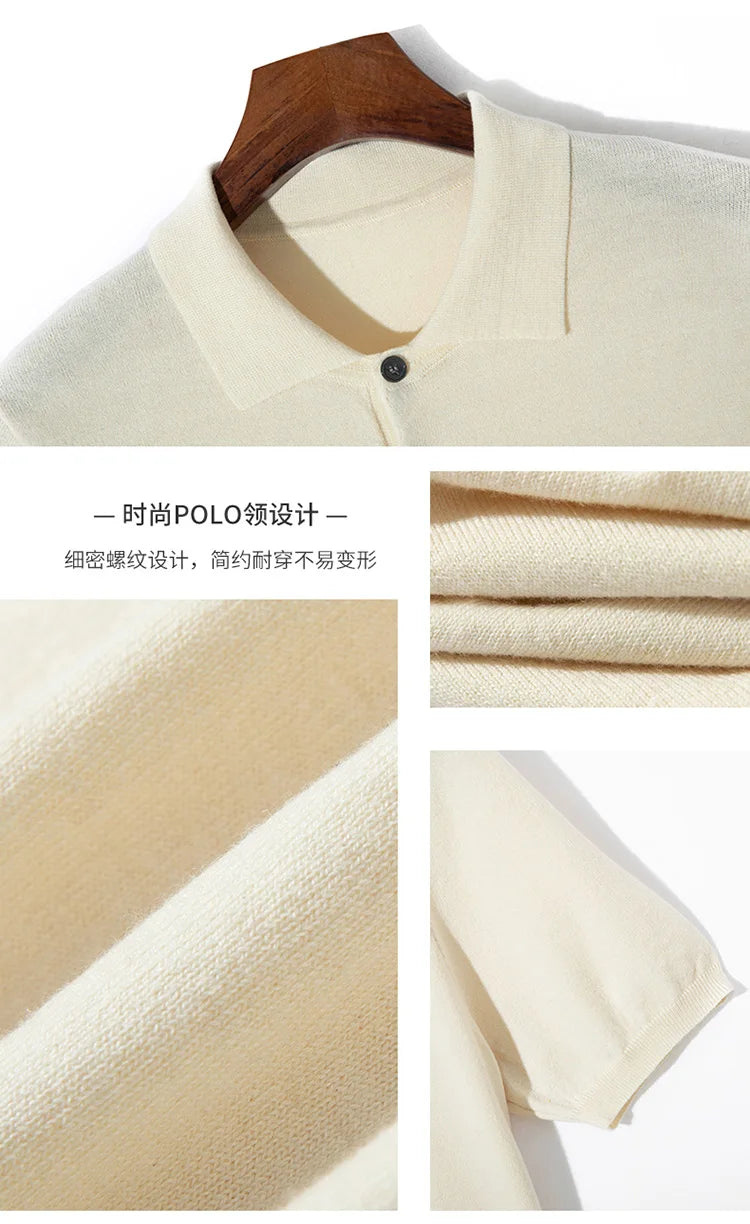 Summer 100% merino sweater men's lapel pullover short sleeve POLO neck sweater loose top knitted clothing plus size T-shirt