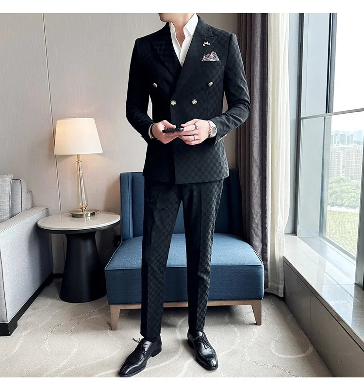 (Jacket+Pants) 2 Pieces Blue Apricot Business Party Men Suits Double Breasted Formal Style Custom Made Wedding Groom Tuxedos - reetell