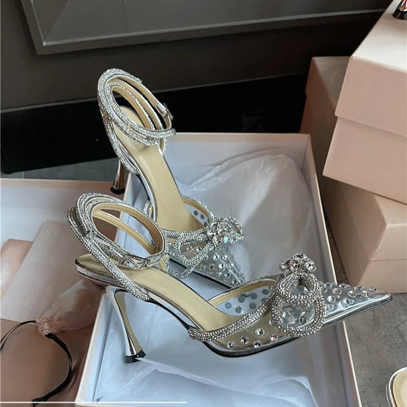 Brand Luxury Crystal Sequined Bowknot Women Pumps Sexy Ankle Strap High heels Female Sandals Summer Fashion Wedding Prom Shoes - reetell