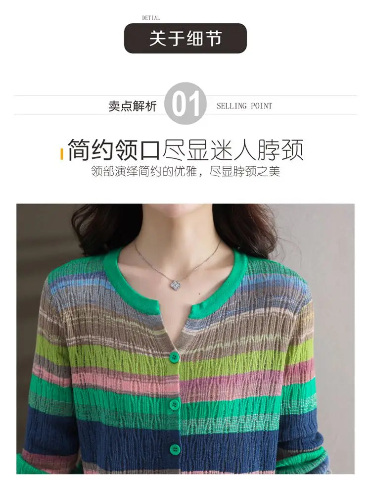 Fashion Women Clothing Colorful Striped Cardigan Sweater Spring Autumn New Korean Versatile Casual Long Sleeve Knitted Coats - reetell