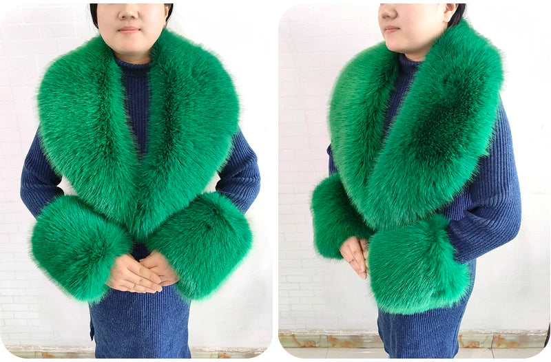 Winter Faux Fur Collar Cuffs Set Women Fluffy Large Shawl Coat Accessories Warm Fashion Fake Fox Fur Scarf Furry Scarves Female - reetell