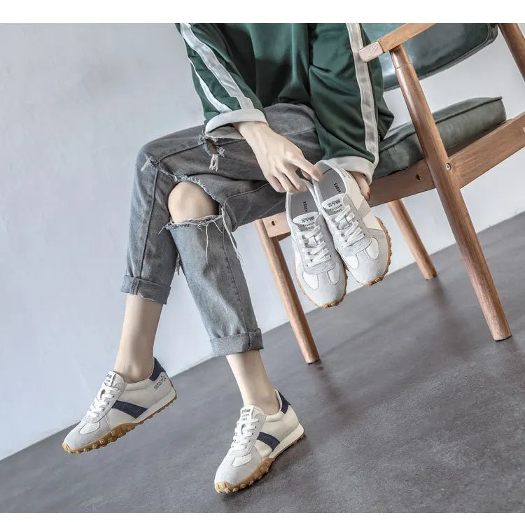 2024 Spring Autumn Casual Sneakers Women Suede Leather Patchwork Mixed Colors Lace-Up Round Toe Platform Shoes Lady Flats - reetell