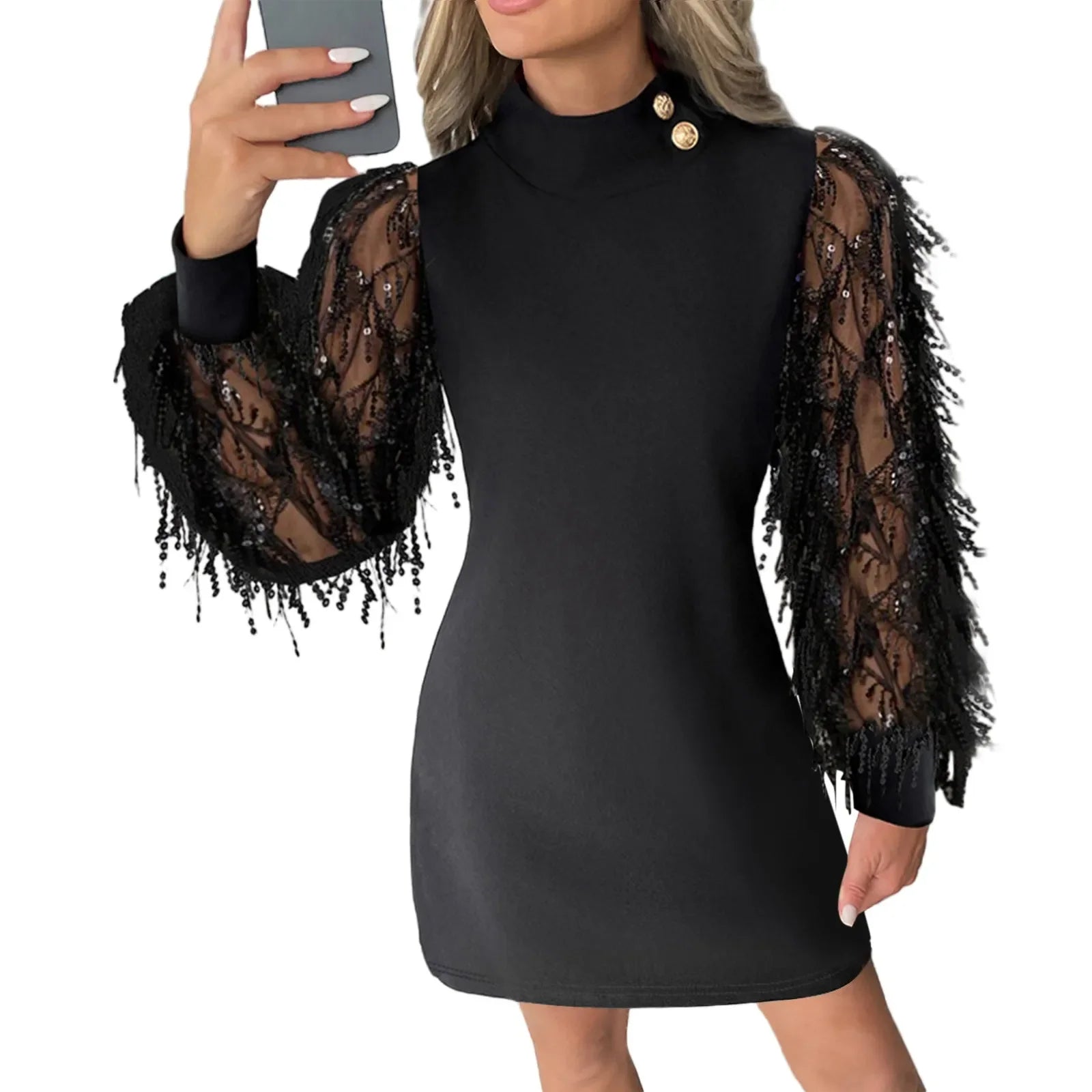 Elegant Tassel Mesh Long Sleeve A-Line Dress Women Fashion O-neck Button Slim Party Dress 2024 Sexy Glitter Patchwork Mini Dress - reetell