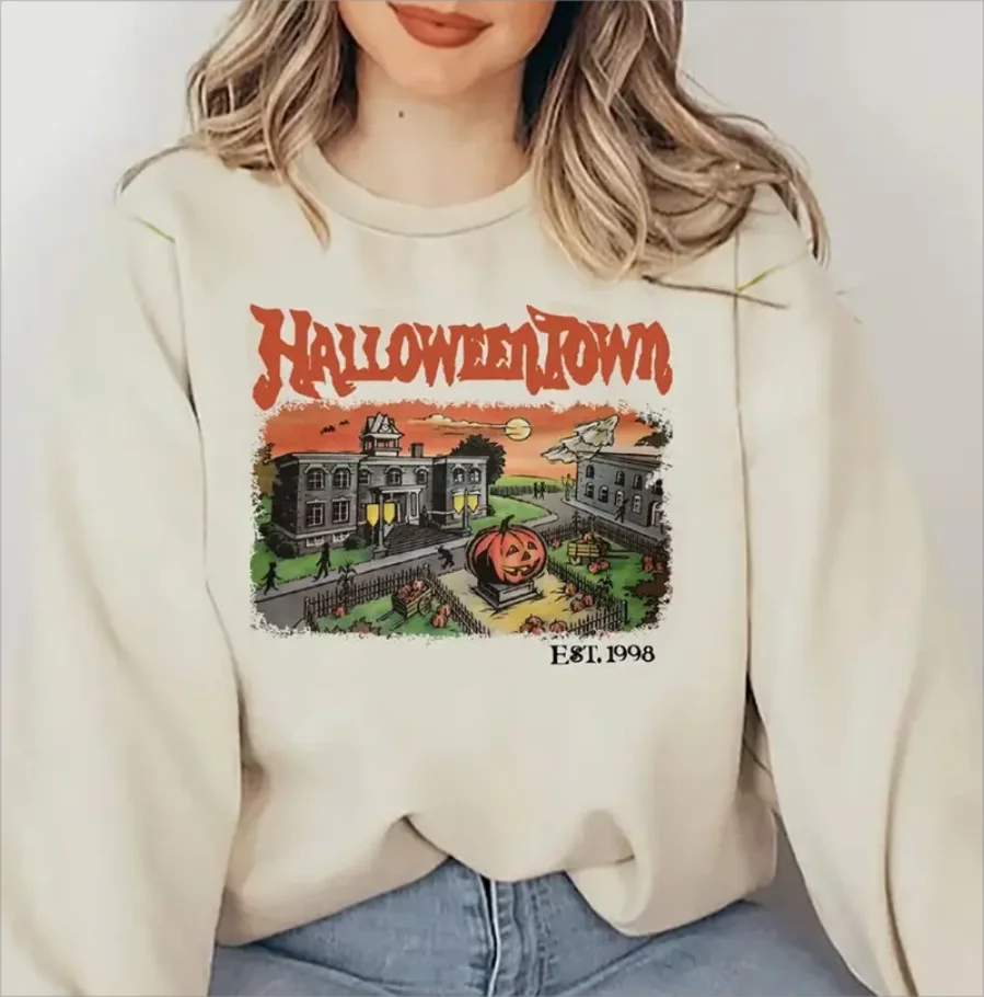 Halloween Town Print Pullover Sweatshirt Casual Long Sleeve Crew Neck Sweatshirt For Fall Winter Women's Clothing - reetell