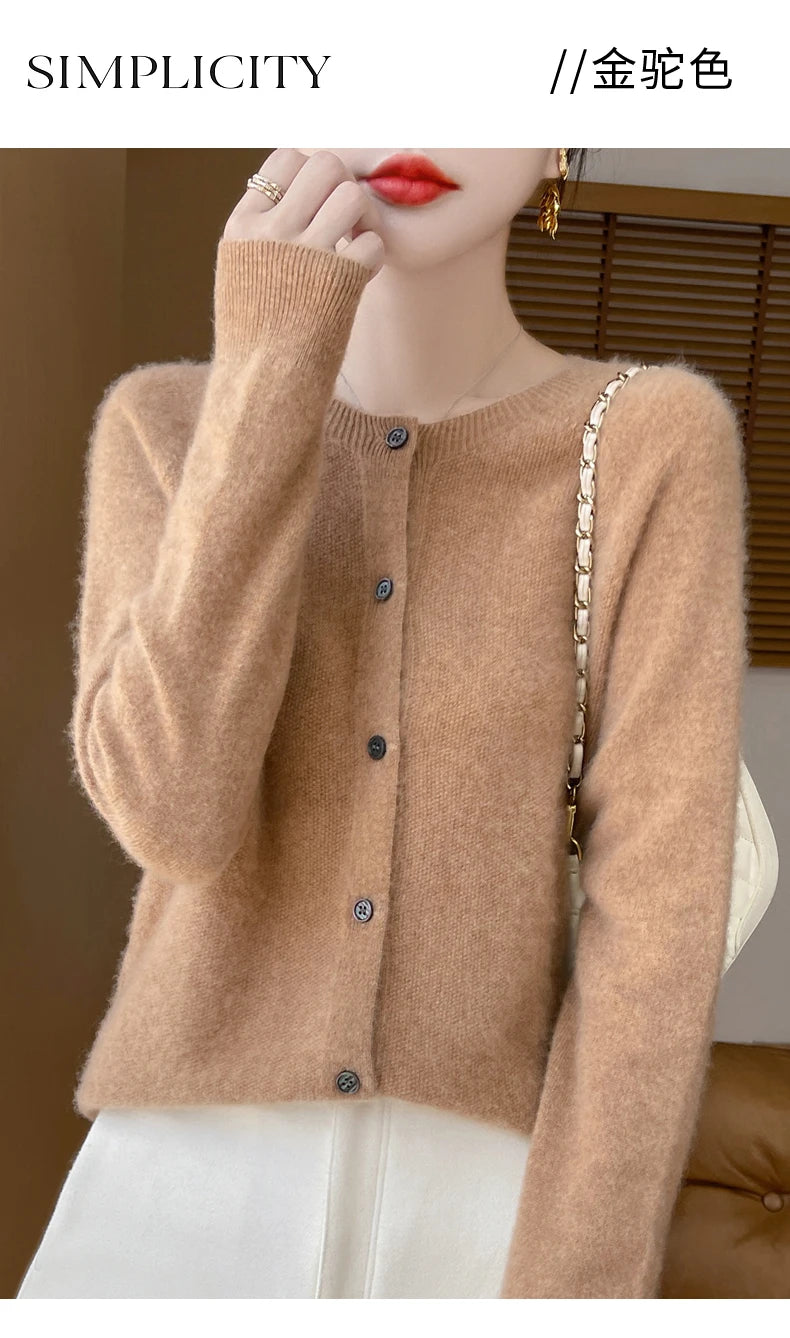 100% Merino Wool Long Sleeve Sweaters Cashmere Cardigan Spring Autumn Women O-Neck Knitwear Tops Clothing Fashion Basic Tops - reetell