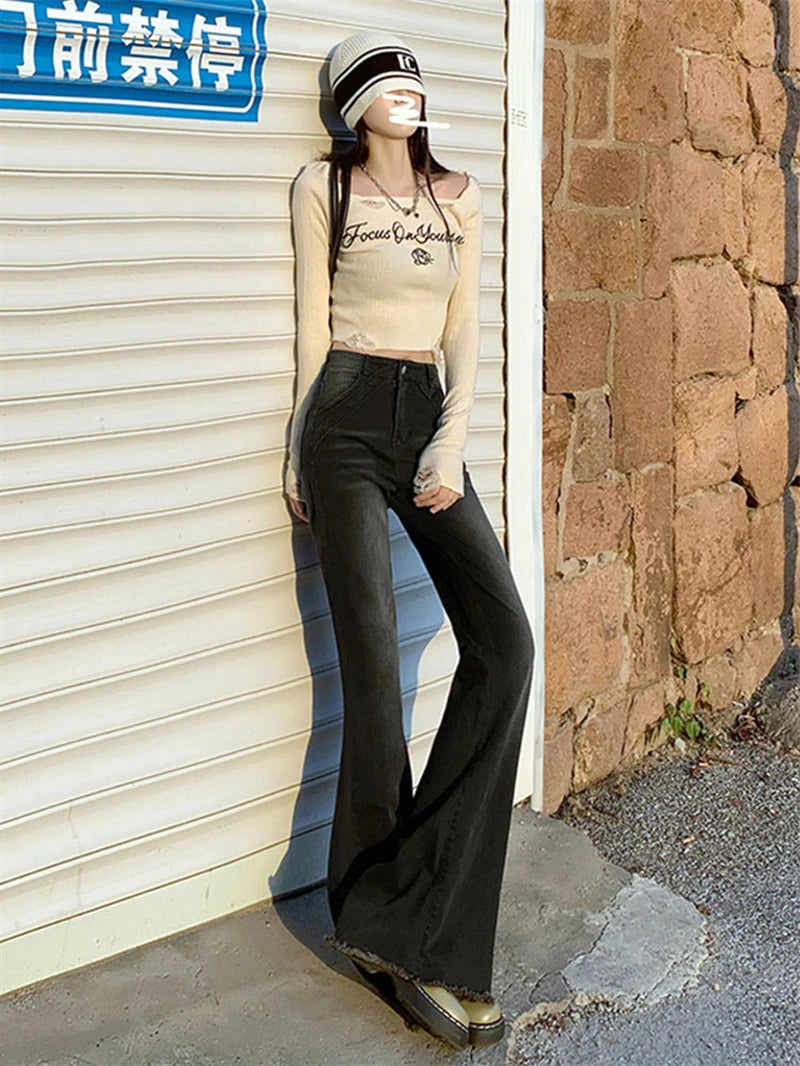 American Retro Bell Bottoms Low Waist Slim Women Fashion Black E-Girl Denim Pant Hiphop High Street Flare Jeans Y2K Streetwear - reetell