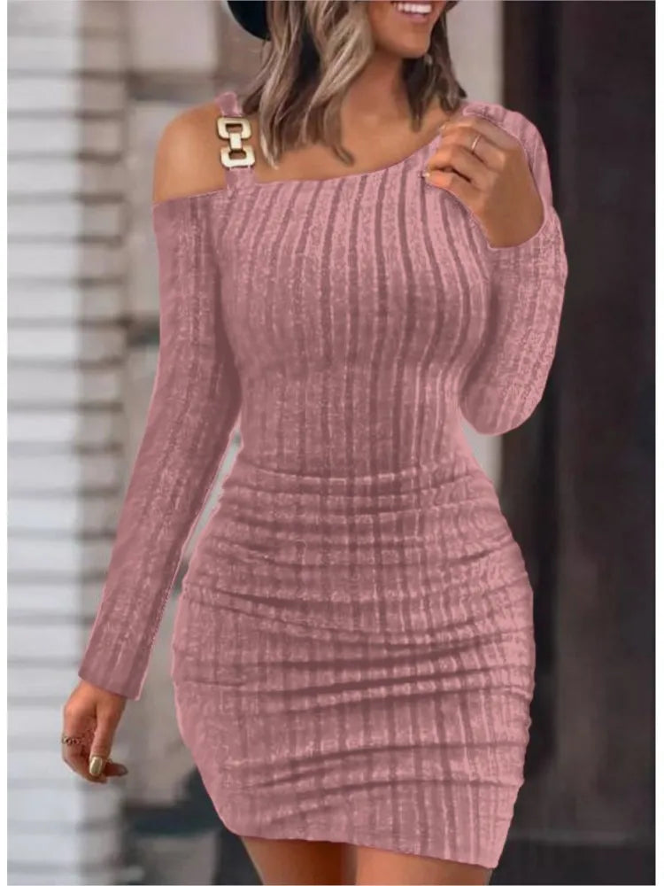 Sexy Chain Off Shoulder Mini Dress Women Autumn Fashion Bodycon Long Sleeve Dresses For Women Winter Skinny Knitted Vestidaos - reetell