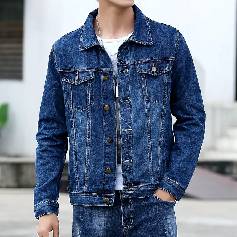 New Spring Autumn Men's Denim Jackets Casual Streetwear Outerwear Solid Color Single Breasted Turn Down Collar Denim Jacket Men