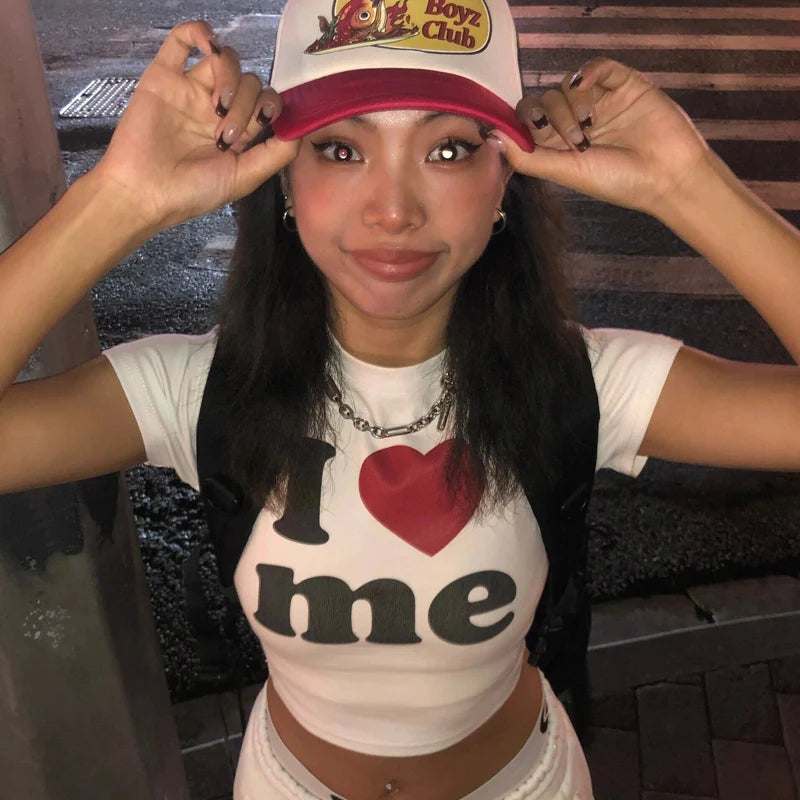 I Love ME letters Print Y2K Harajuku Crop Top T-shirt Summer Women clothes Sexy T-shirt Vintage 2000s short sleeve Crop Tops - reetell