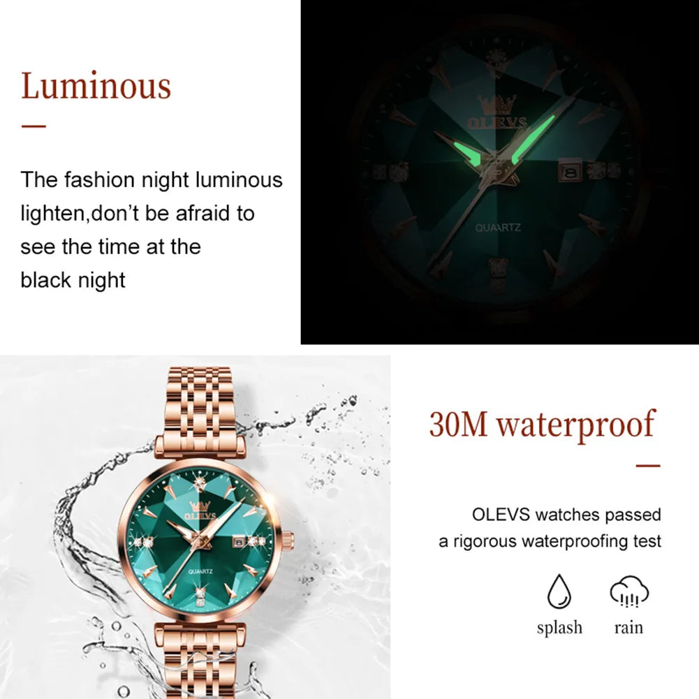 OLEVS 5536 Luxury Brand Diamond Quartz Women's Watch Fashion Elegant Rose Gold Waterproof Women's Watch Bracelet Set Reloj Mujer