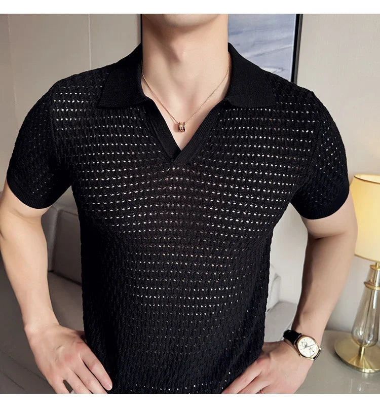 Men's Polo Shirt 2024 Summer New Light and Thin Knitted Hollow Solid Color Casual Short Sleeved V-neck T-shirt Men's Clothing