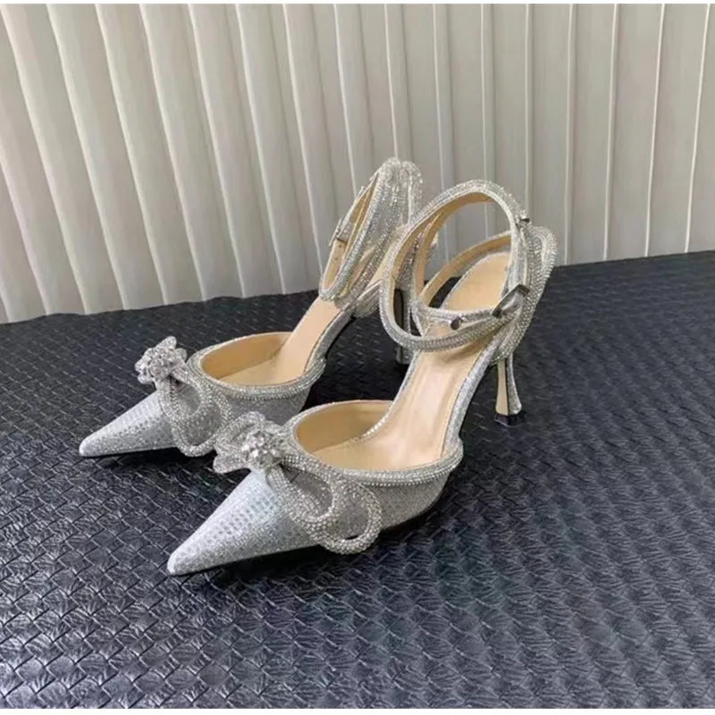 Brand Luxury Crystal Sequined Bowknot Women Pumps Sexy Ankle Strap High heels Female Sandals Summer Fashion Wedding Prom Shoes - reetell