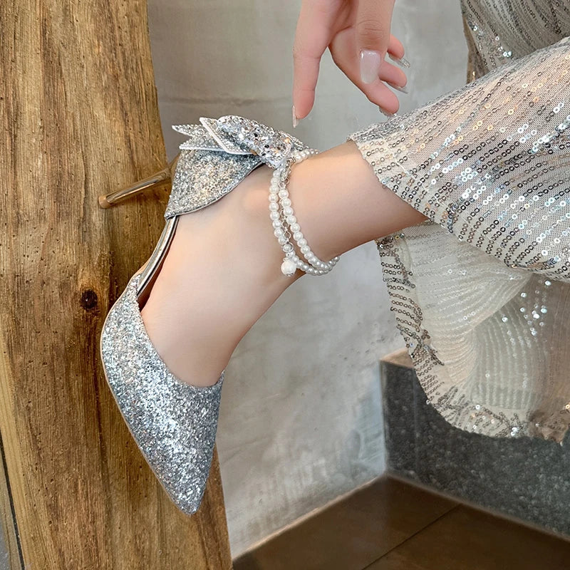 French new pointy shallow mouth temperament elegant sequin bow high heels women's fine heel pearl line with a single shoe