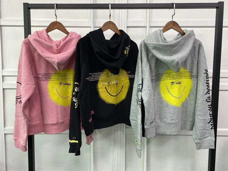 Letter Happy Face Sweatshirt For Women Long Sleeve Fleece Sweatshirt Fashion Casual Pullover Pocket Cotton Hoodie Sweatshirt - reetell