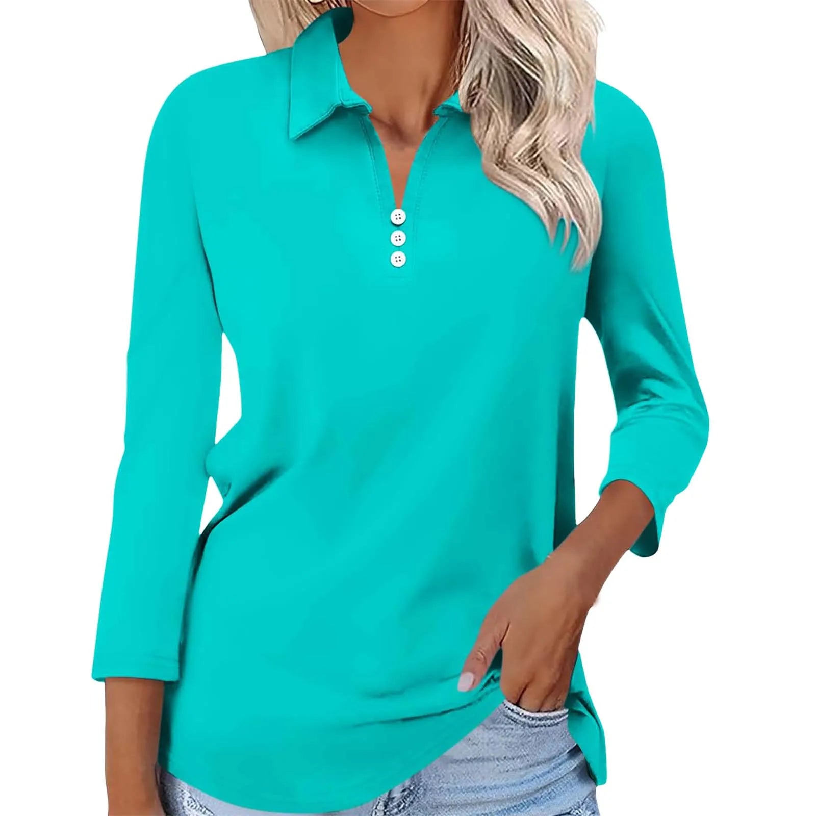 Fashion Long Sleeves Solid Polo Shirt Woman Autumn Lapel Buttons Office Casual T-shirt Tops Women 3/4 Sleeve Pullover Female - reetell