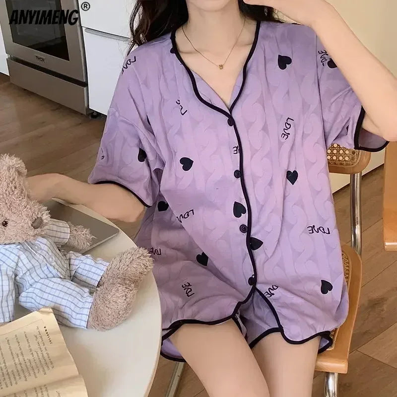 Korean Pajamas Set for Women Summer Loungewear Sleepwear Girls Sweet Lapel Pyjama Kawaii Bear Printed Pijamas Japanese Home Suit