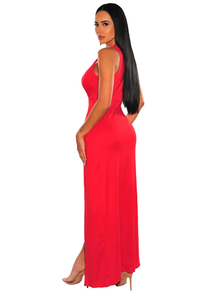 Sexy Deep V Neck High Split Bodycon Cocktail Party Maxi Dress Women Formal Evening Dress Solid Red Summer Long Club Dress - reetell