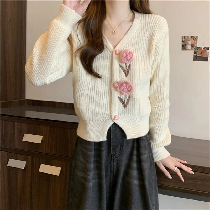 Heavy Industry Beautiful Flowers Knitted Cardigan Sweater Women Slim In Autumn And Winter With Small Cardigan V-neck Short Coat - reetell