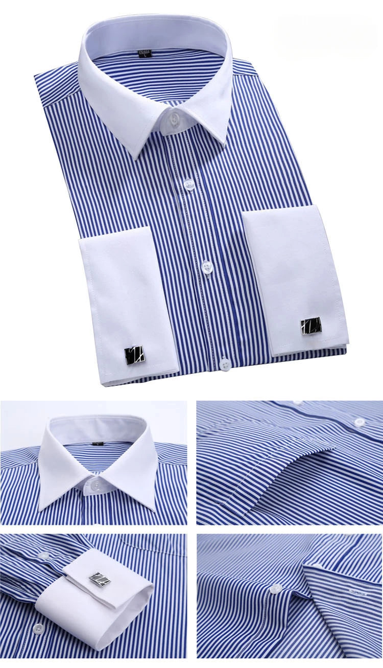 M~6XL Men's French Cuff Dress Shirt 2024New White Long Sleeve Formal Business Buttons Male Shirts Regular Fit Cufflinks Shirt - reetell