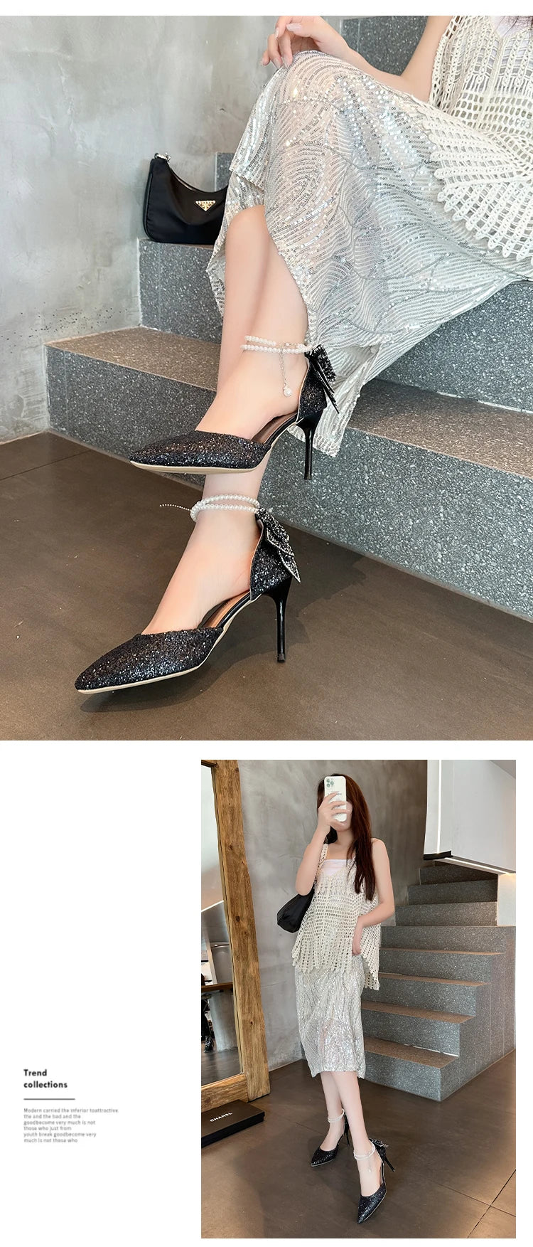 French new pointy shallow mouth temperament elegant sequin bow high heels women's fine heel pearl line with a single shoe