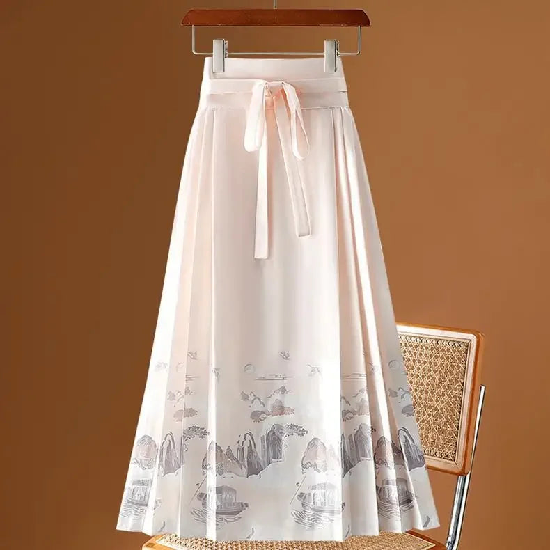 Maxi Chinese Style Horse Face Skirts Women Hanfu Vintage Harajuku Saia Casual Long Print Pleated Skirt Woman Clothing Faldas - reetell