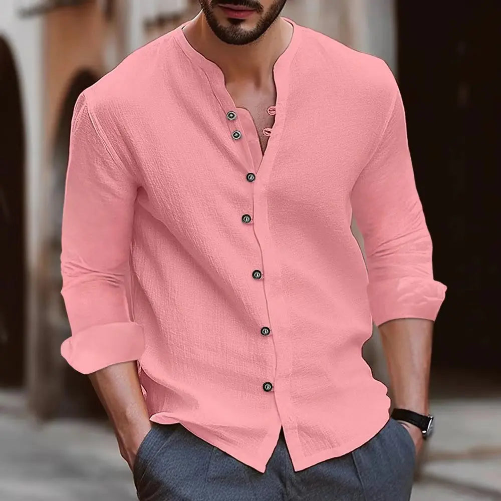 Hot new men's cotton linen shirt loose comfortable casual linen young men stand collar solid color shirt