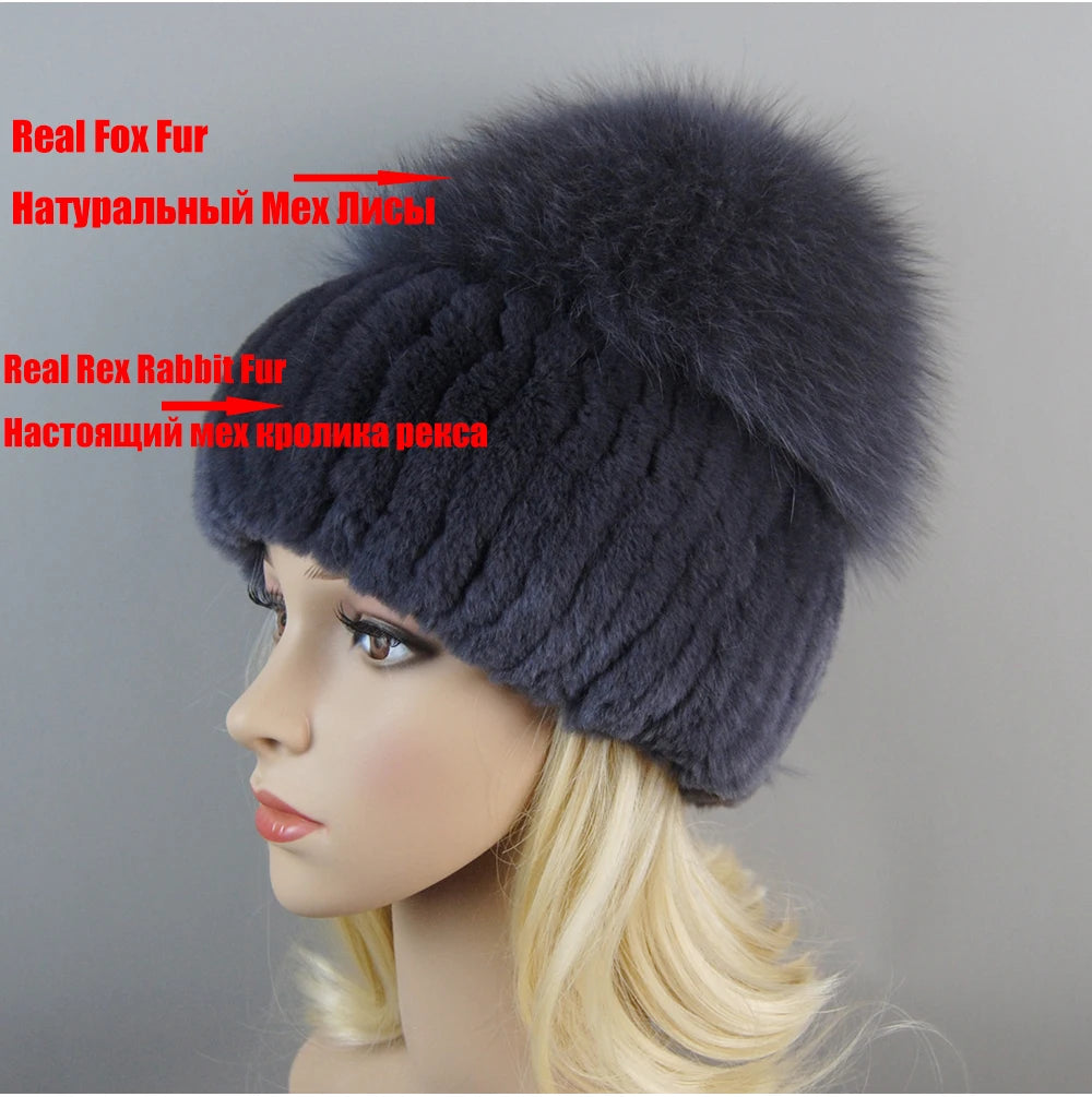 2024 Lady Winter Real Fur Hats Women Warm Knitted Genuine Rex Rabbit Fur Hat Top Natural Fox Fur Bomber Caps Rex Rabbit Fur Cap - reetell