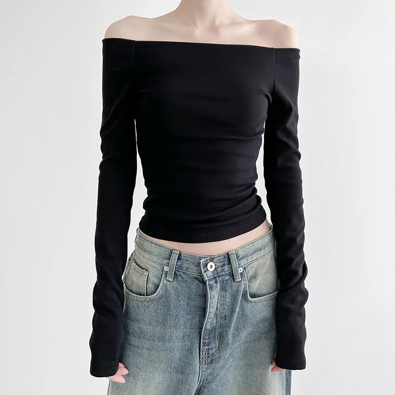 CIBBAR Solid Slash Neck Crop Top Women Off Shoulder Long Sleeve Skinny T-shirt Harajuku y2k Femme Clothing Autumn Casual Shirts - reetell