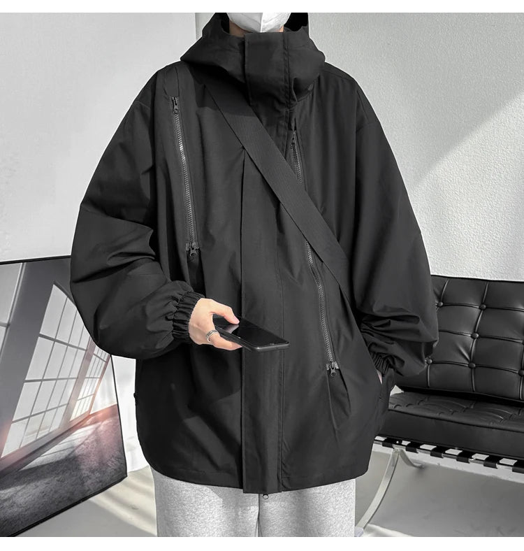 2024 Men Hooded Jacket Men Bomber Jacket Mens Windbreakers Zipper Coats Spring Autumn Loose Cargo Jacket Men Casual Sportswear - reetell