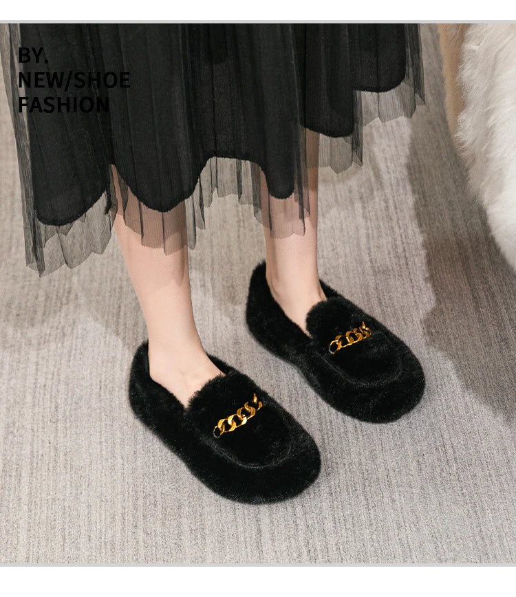 2023 winter women's outdoor plush warm shoes british style metal chain decoration snow boots boat shoes Ladies' casual flats - reetell