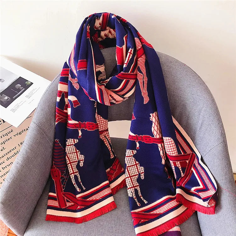 Women's Autumn Winter Horse Pattern Scarf New Luxury Cashmere Feeling Large Blanket Wrap Soft Warm Brand Shawl Retro & Classical - reetell