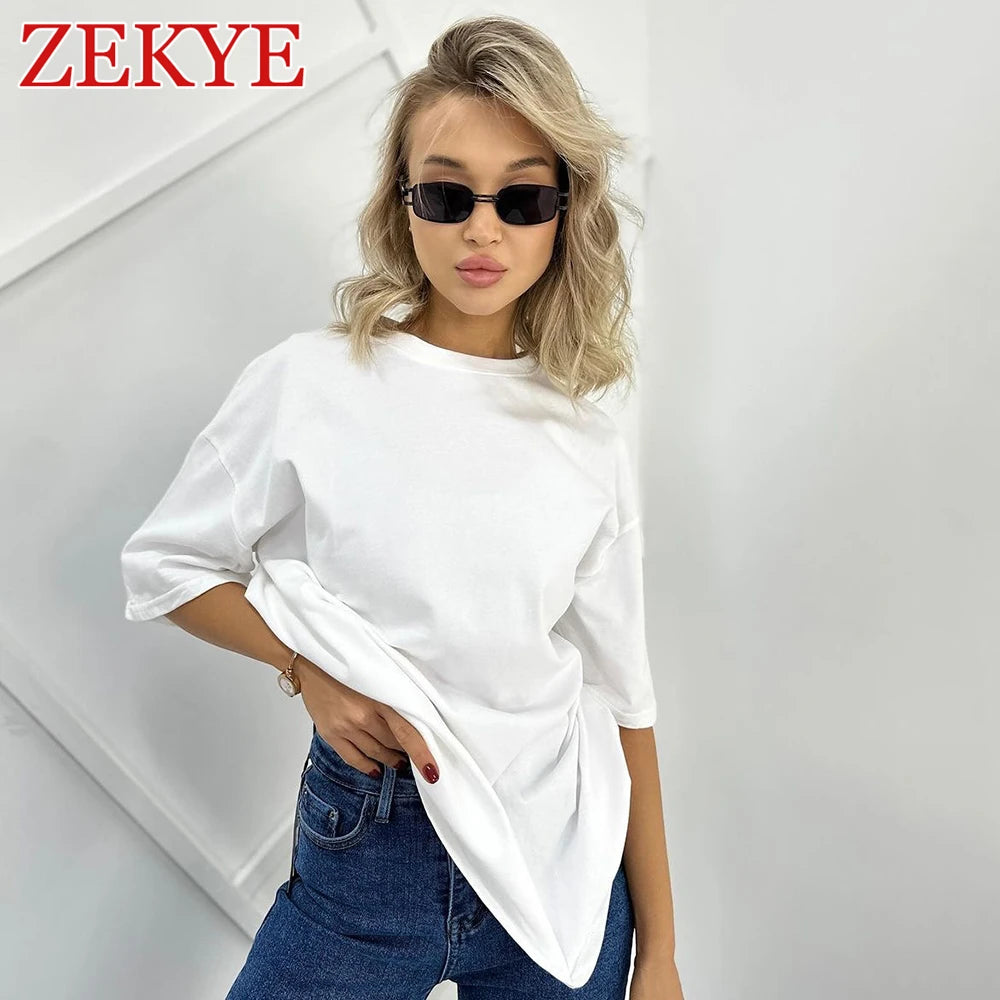 Zekye Rhinestone Letter Casual Tee Shirt Oversize Bodyfriend Style Korean O Neck Summer T Shirt Women Streetwear Harajuku Tops - reetell