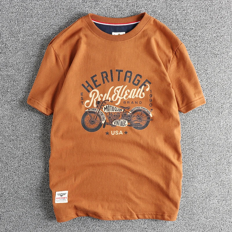 Vintage cotton short sleeve T-shirt Men's Motorcycle Print Summer May Khaki Youth half sleeve tee