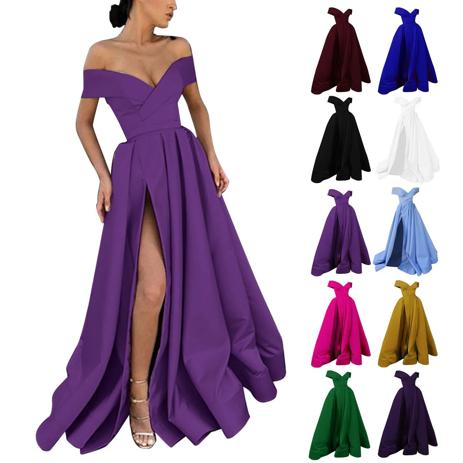 Low Cut V-Neck Party Dress For Women Pleated High Slit Solid Color Waist Evening Dresses Elegant Female Formal Maxi Dress - reetell