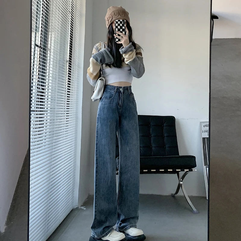 ZOENOVA High Waisted Jeans Y2K Fashion Women Clothing Blue Black Straight Leg Denim Pants Trousers Mom Jean Baggy Trousers Tall - reetell