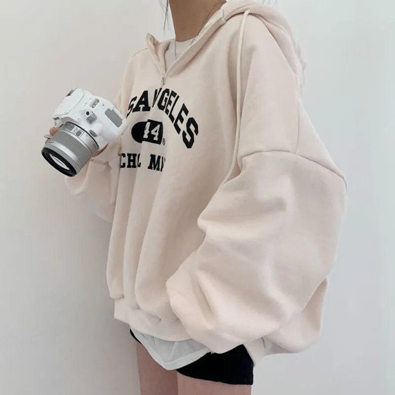 Fashion Letter Print Sweatshirts Women Autumn Winter Loose Preppy Thick Warm Hoodies Harajuku Casual Zipper Hooded Pullovers - reetell