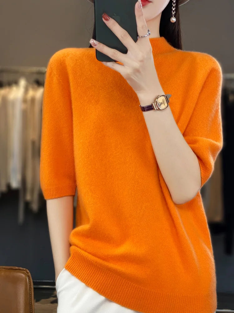 Fashion Short Half Sleeve Cashmere Women Knitted Sweater 100% Pure Merino Wool Mock-Neck Tops Pullover Clothing Knitwear - reetell