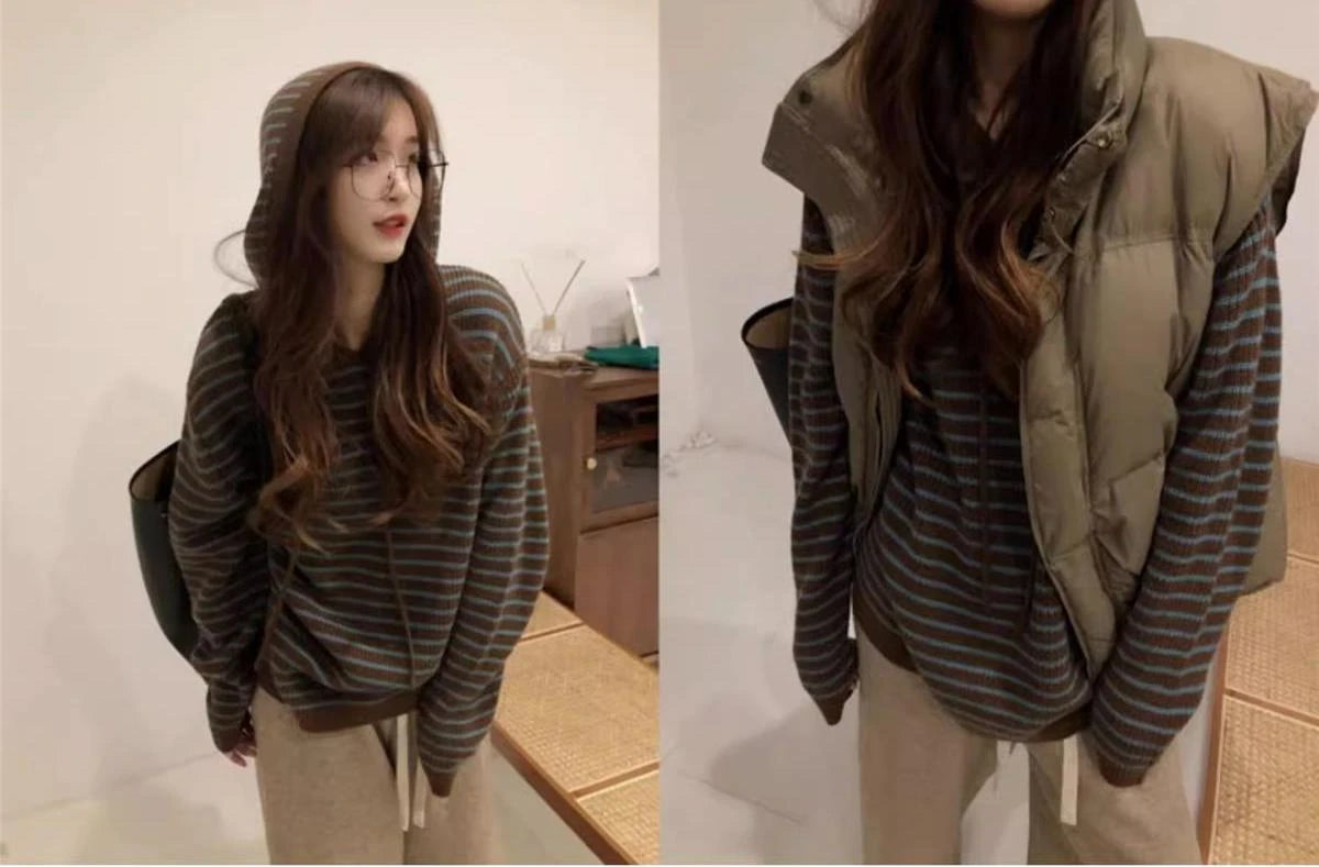 2023 New Tops Wide Casual Korean Hooded Striped Fashion Sweater Outer Wear Women Autumn and Winter - reetell