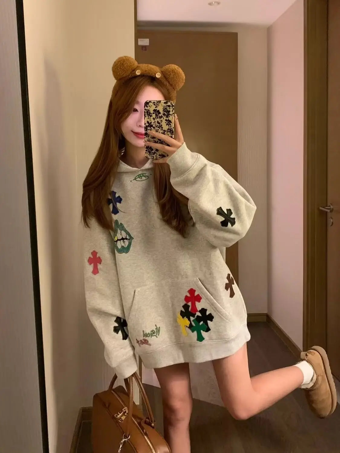 Hoodie Embroidered Colorful Cross Spring And Autumn Women'S 2024 New Popular Lazy Style Loose Plus Velvet Pullover Sweatshirt - reetell