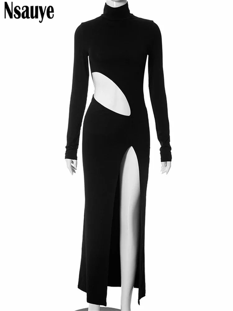 Nsauye Elegant Dress Winter 2023 Women Turtleneck High Split Bodycon Long Fashion Sexy Hollow Out Evening Club Dress Party Night - reetell